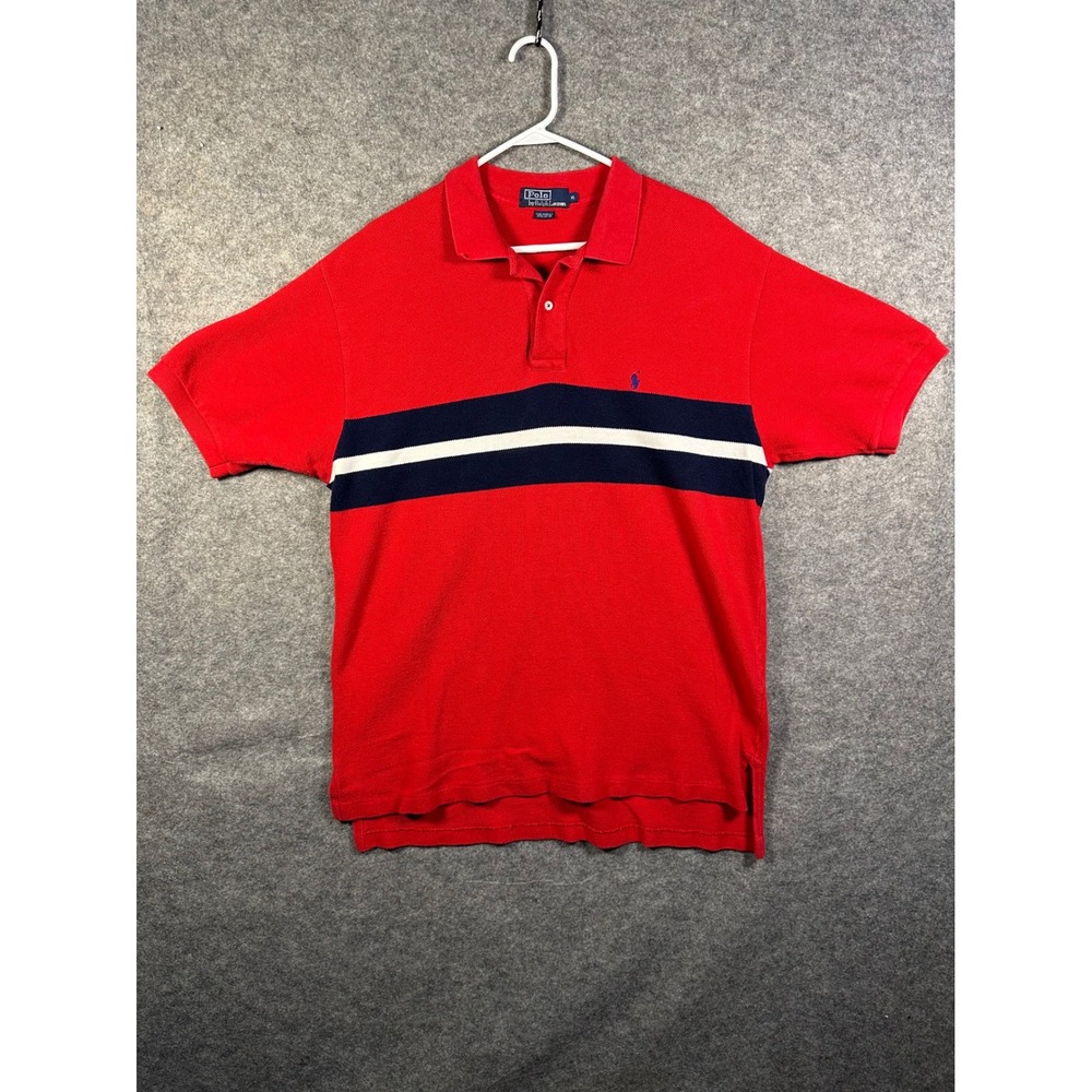 Polo Ralph Lauren Mens XL Red Navy Blue White Striped‎ Pique Cotton Polo Shirt